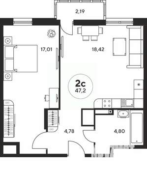2-к квартира, вторичка, 47м2, 2/25 этаж