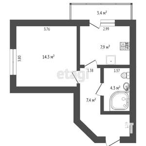 1-к квартира, вторичка, 40м2, 3/3 этаж