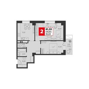 2-к квартира, строящийся дом, 61м2, 3/22 этаж