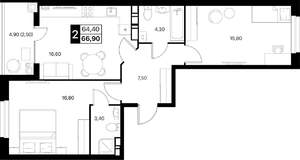 2-к квартира, вторичка, 66м2, 10/20 этаж