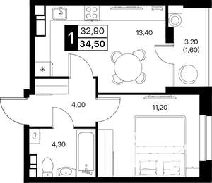 1-к квартира, строящийся дом, 35м2, 8/12 этаж