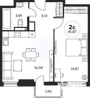 2-к квартира, вторичка, 42м2, 16/25 этаж
