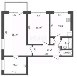 3-к квартира, вторичка, 53м2, 9/9 этаж