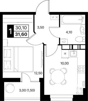 1-к квартира, строящийся дом, 32м2, 7/12 этаж