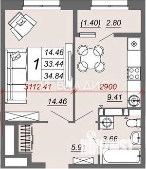 1-к квартира, вторичка, 35м2, 12/20 этаж