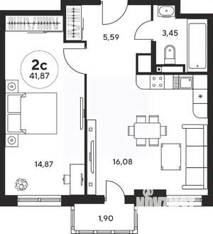 2-к квартира, вторичка, 42м2, 6/25 этаж