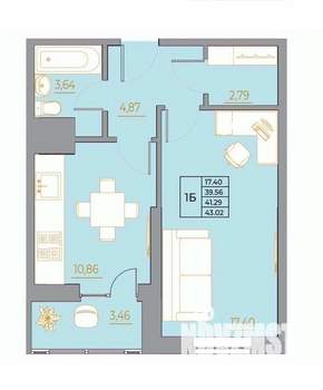 1-к квартира, вторичка, 43м2, 14/22 этаж