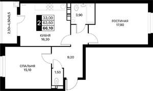 2-к квартира, вторичка, 66м2, 5/20 этаж