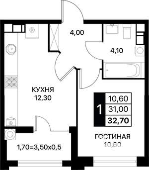 1-к квартира, вторичка, 33м2, 5/12 этаж