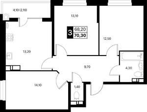 3-к квартира, вторичка, 70м2, 7/12 этаж