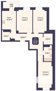 3-к квартира, строящийся дом, 96м2, 1/12 этаж