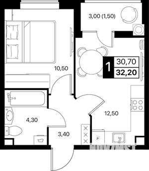 1-к квартира, вторичка, 32м2, 2/12 этаж
