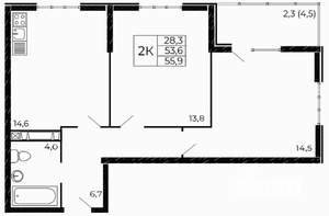 2-к квартира, вторичка, 56м2, 2/18 этаж