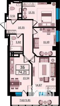 3-к квартира, сданный дом, 76м2, 15/26 этаж