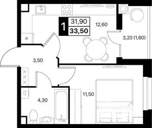 1-к квартира, вторичка, 34м2, 2/12 этаж