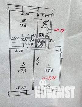 3-к квартира, вторичка, 68м2, 2/2 этаж