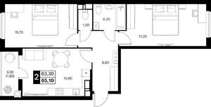 2-к квартира, вторичка, 65м2, 6/12 этаж