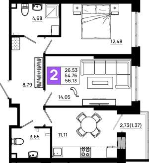 2-к квартира, вторичка, 56м2, 2/21 этаж