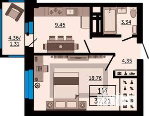 1-к квартира, строящийся дом, 37м2, 17/24 этаж