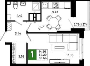 1-к квартира, вторичка, 36м2, 20/21 этаж