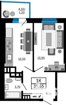 1-к квартира, строящийся дом, 40м2, 6/19 этаж