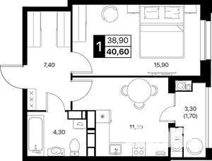 1-к квартира, строящийся дом, 41м2, 13/20 этаж