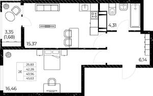 1-к квартира, вторичка, 46м2, 22/25 этаж