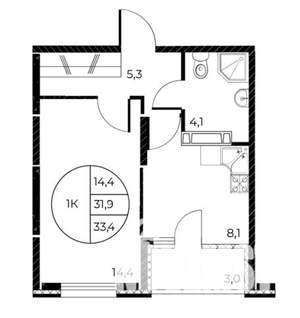 1-к квартира, строящийся дом, 33м2, 6/25 этаж