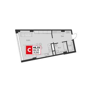 Студия квартира, строящийся дом, 46м2, 1/22 этаж