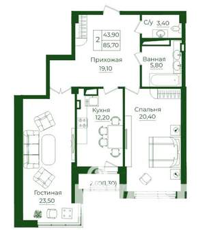 2-к квартира, сданный дом, 85м2, 8/20 этаж