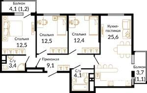 3-к квартира, вторичка, 85м2, 12/16 этаж