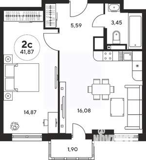 2-к квартира, вторичка, 42м2, 16/25 этаж