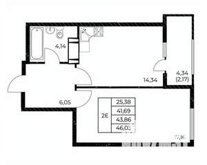 1-к квартира, строящийся дом, 46м2, 22/25 этаж