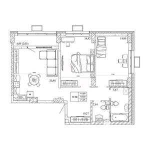 2-к квартира, строящийся дом, 71м2, 2/12 этаж