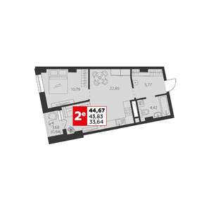 2-к квартира, строящийся дом, 45м2, 2/22 этаж