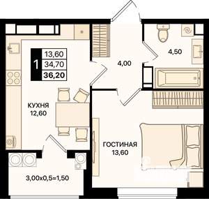 1-к квартира, вторичка, 36м2, 20/20 этаж