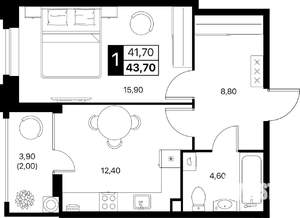 1-к квартира, вторичка, 44м2, 2/12 этаж