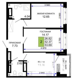 2-к квартира, вторичка, 54м2, 23/25 этаж