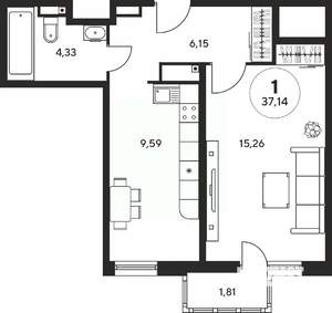 1-к квартира, вторичка, 37м2, 15/25 этаж
