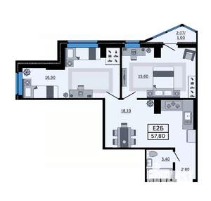 2-к квартира, сданный дом, 59м2, 9/24 этаж