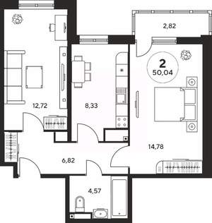 2-к квартира, вторичка, 50м2, 14/25 этаж