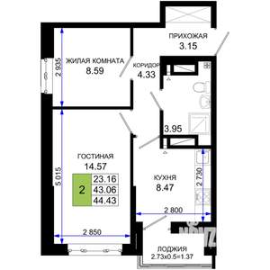 2-к квартира, вторичка, 44м2, 13/25 этаж