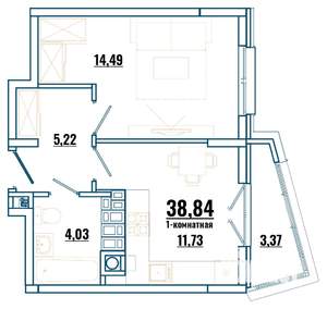 1-к квартира, строящийся дом, 39м2, 3/4 этаж