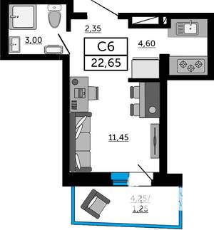 Студия квартира, строящийся дом, 23м2, 9/19 этаж