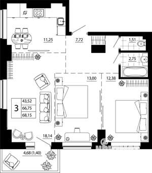 3-к квартира, строящийся дом, 68м2, 6/24 этаж