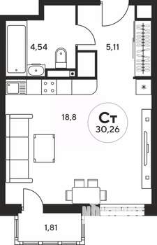 Студия квартира, вторичка, 30м2, 10/25 этаж