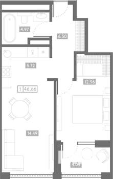 1-к квартира, вторичка, 47м2, 6/24 этаж