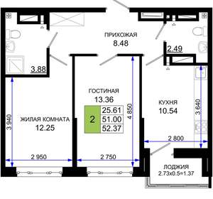 2-к квартира, вторичка, 52м2, 12/25 этаж