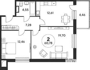 2-к квартира, вторичка, 61м2, 20/22 этаж