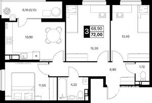 3-к квартира, вторичка, 72м2, 12/12 этаж